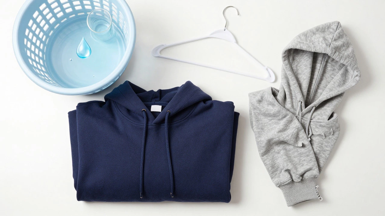 Flat lay showing proper hoodie care methods versus worn-out fast fashion.