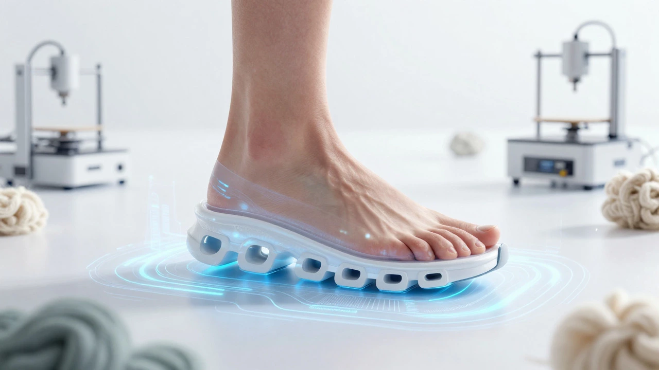 Futuristic concept art showing smart shoe technology and sustainable materials