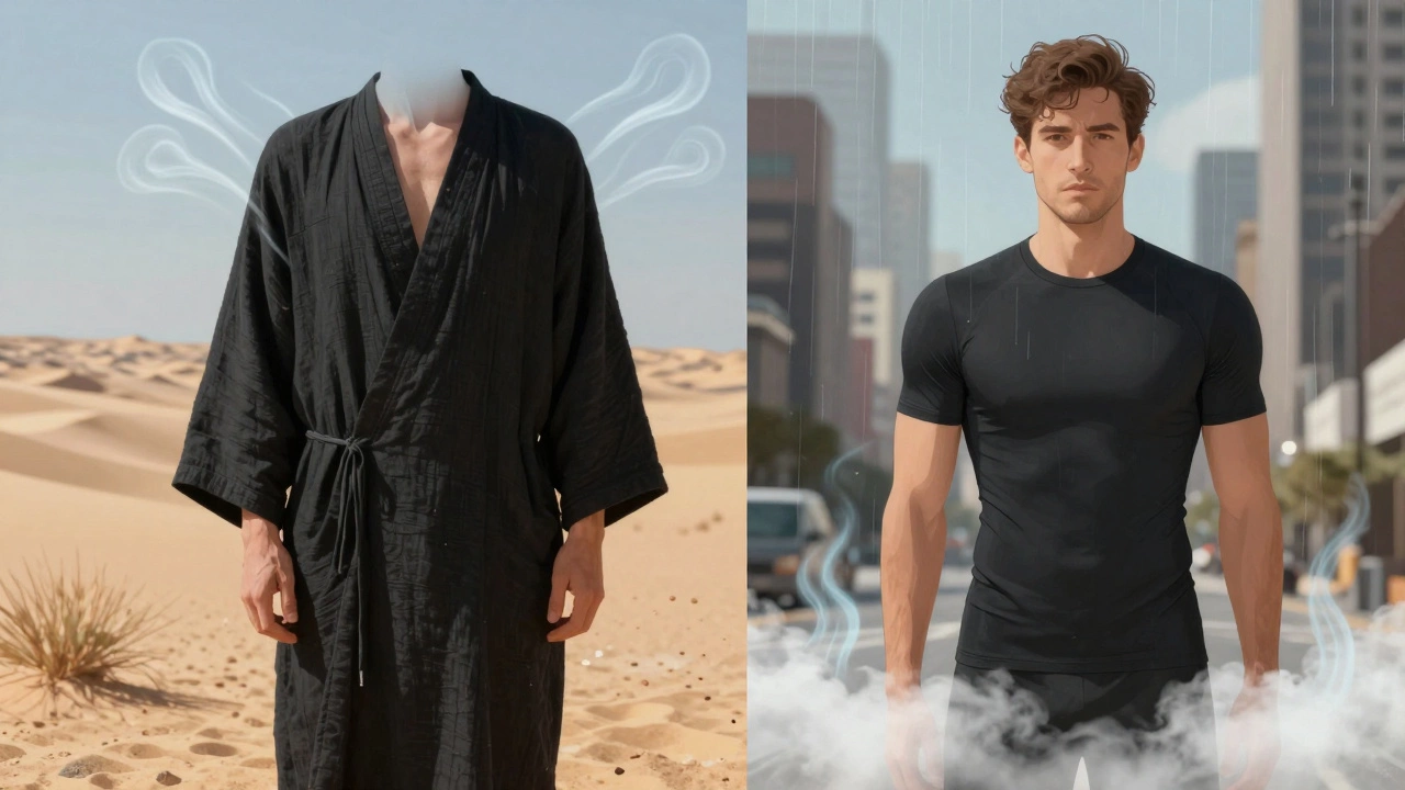 Illustration comparing loose black robes in desert vs tight clothes in city