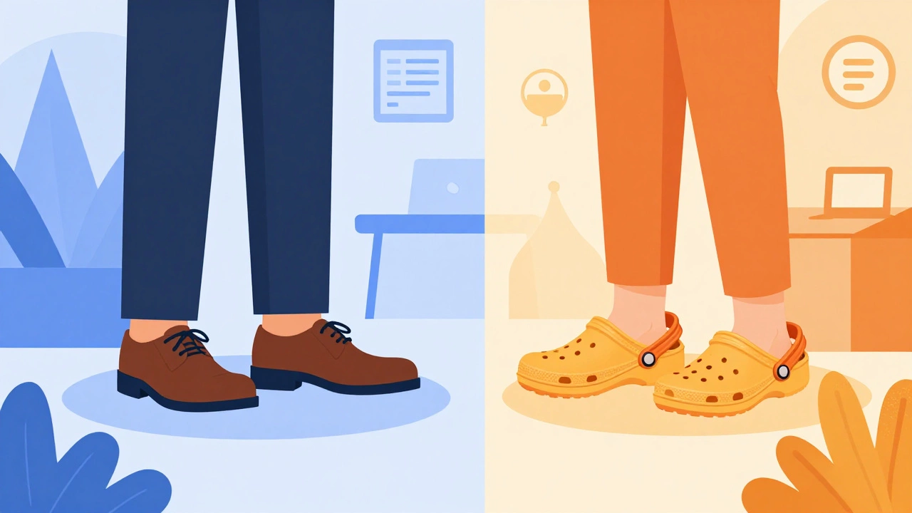 Illustration contrasting rigid formal shoes with comfortable Crocs in a modern office setting.