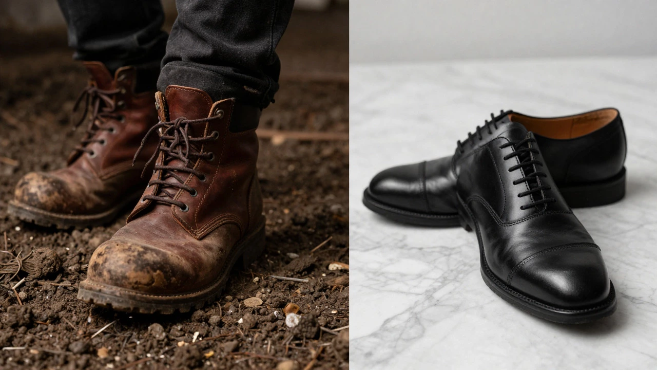 Leather work boot and dress shoe contrasting durability and style