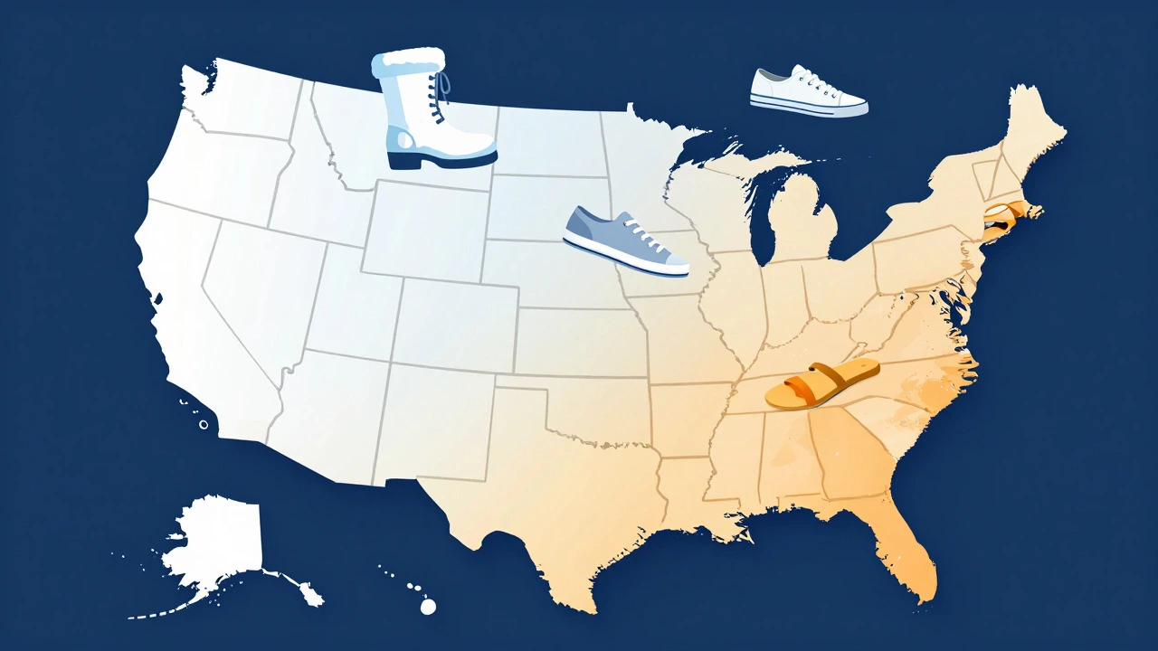 Map of US showing regional footwear trends like boots and sandals