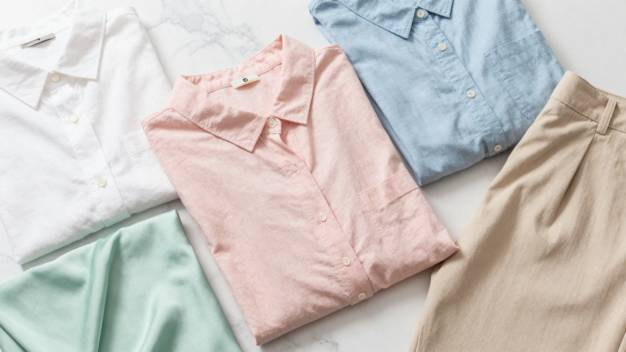 Pastel and white breathable summer fabrics displayed on marble