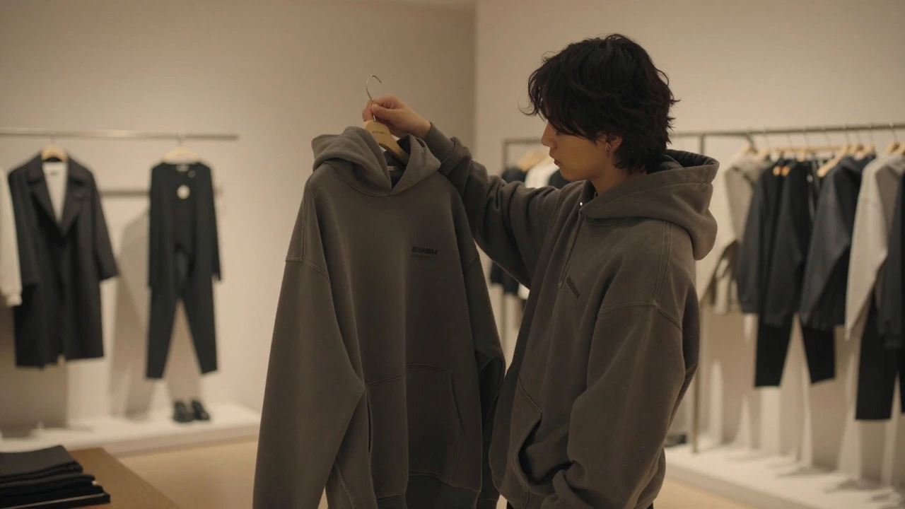 Person examining a premium hoodie in a stylish high-end clothing store.