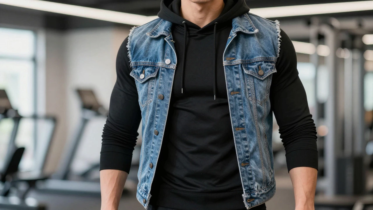 Person in slim-fit black hoodie under denim jacket showing clean lines