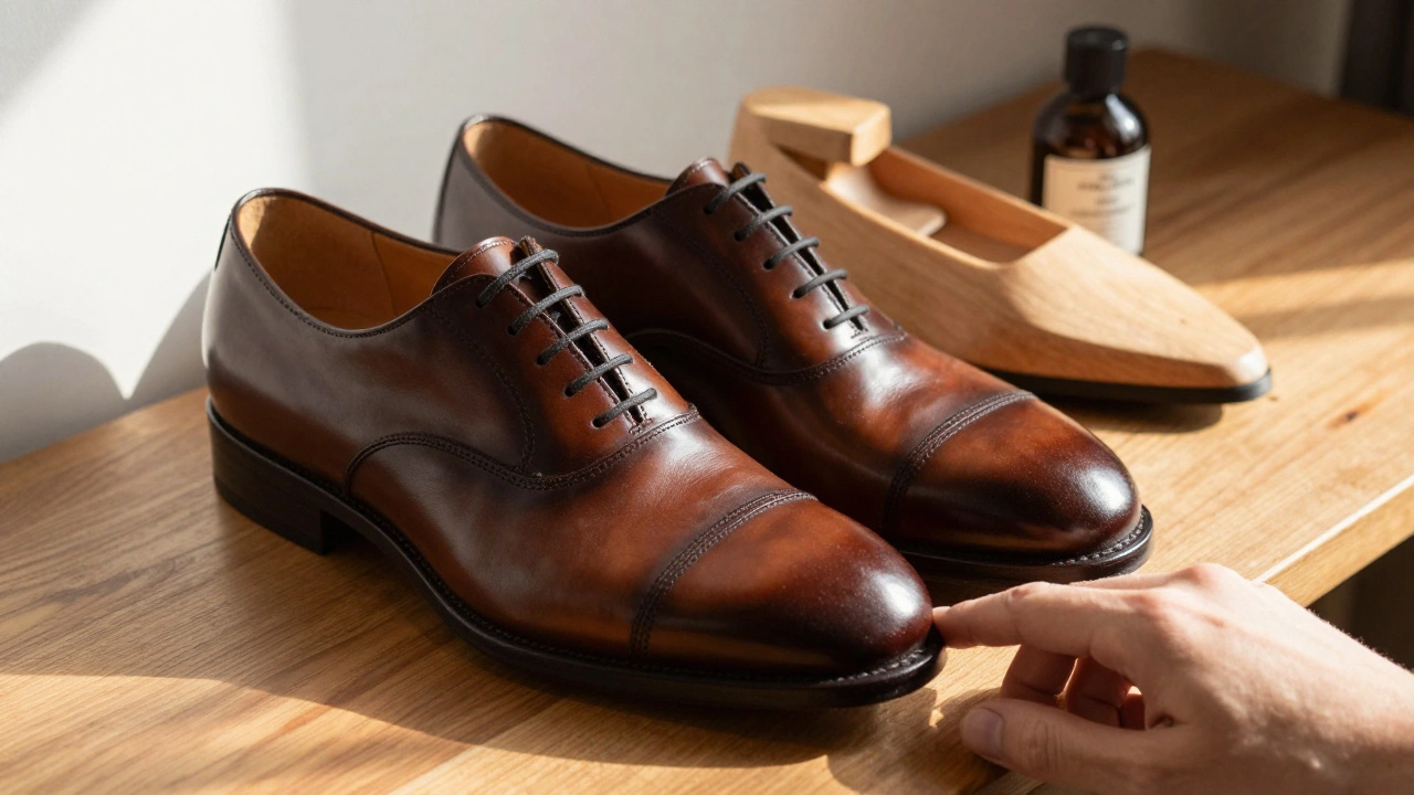 Polished leather shoes with cedar shoe tree and conditioner