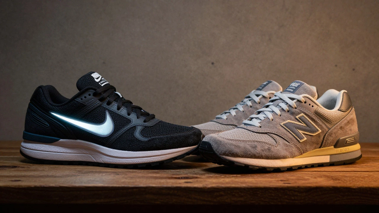 Side-by-side comparison of a modern Nike shoe and a retro New Balance sneaker