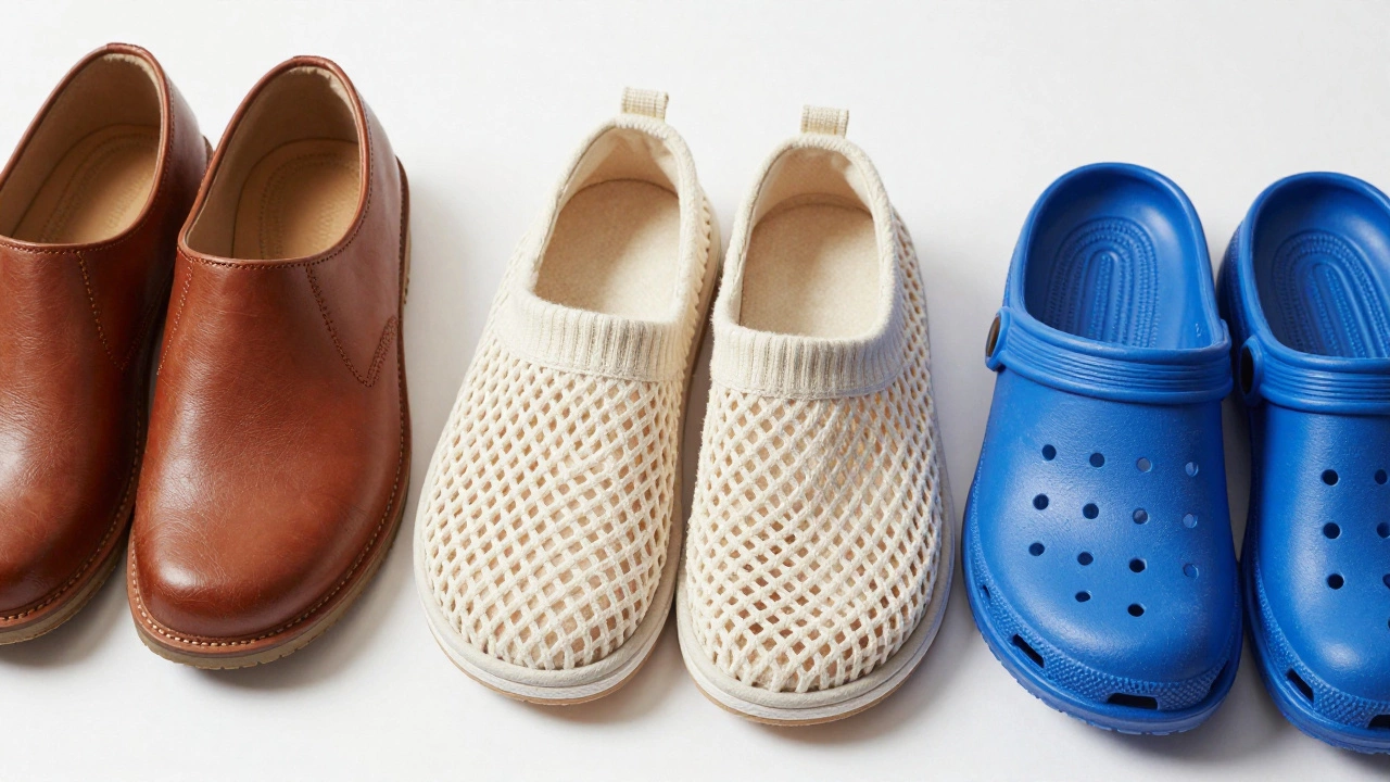 Three types of Korean slippers: traditional leather, cotton socks, and plastic shower clogs.