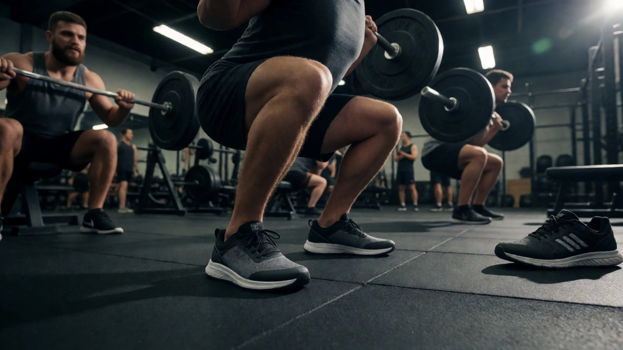 Athlete squatting in a gym wearing flat-soled cross-trainers for maximum stability.