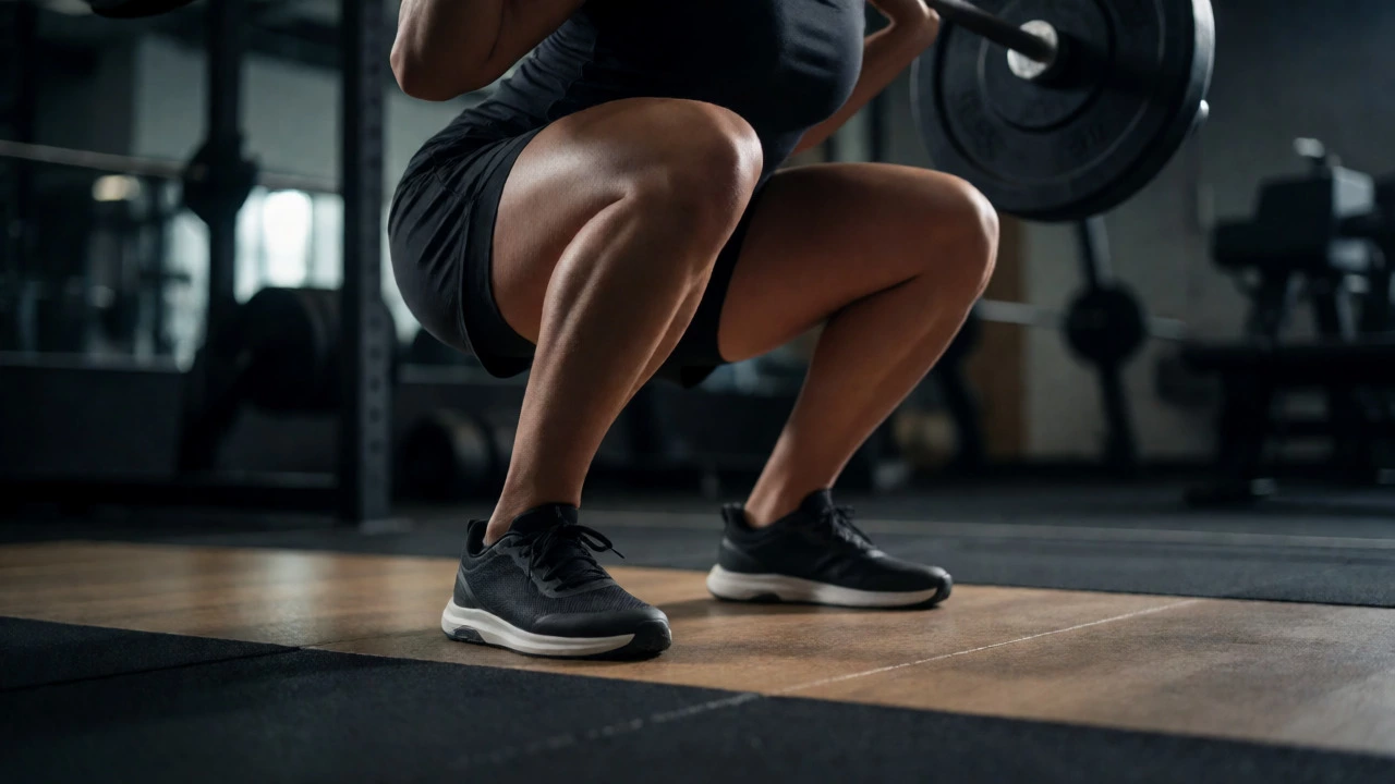 Athlete squatting in flat-soled training shoes in a dimly lit gym