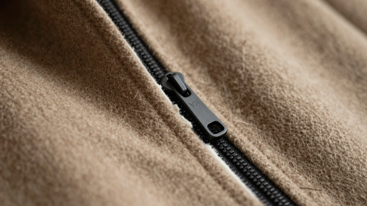 Close-up of high-quality coat stitching and zipper