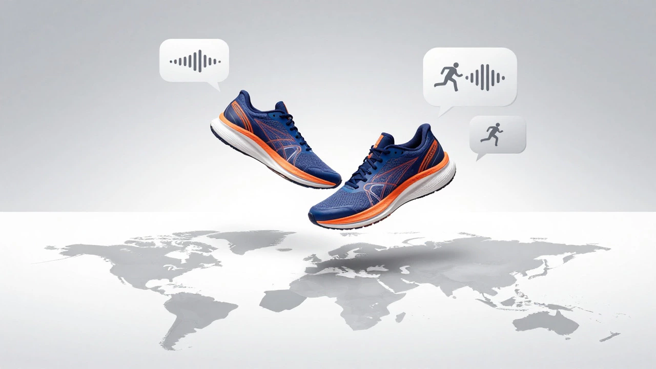 Conceptual art of athletic shoes floating above a map with abstract icons