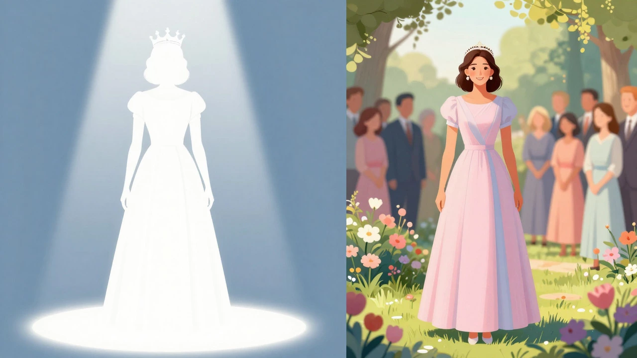 Contrast between stark white royal attire and warm pastel choices