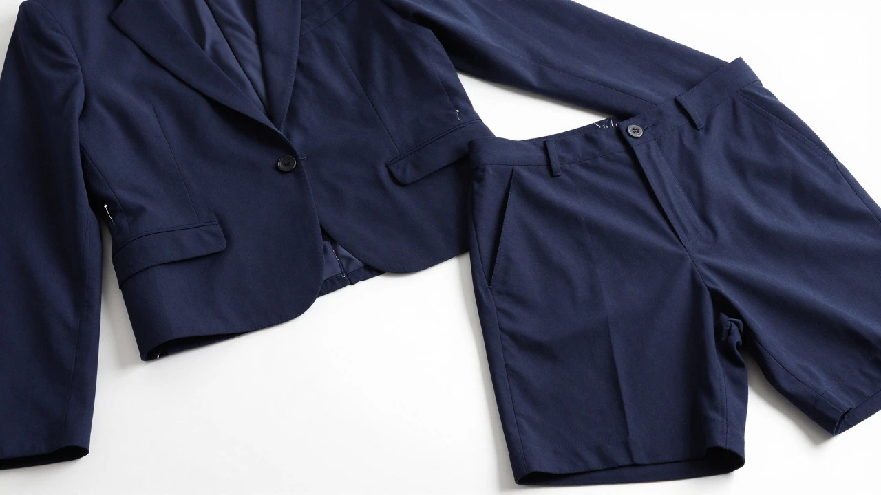 Flat lay of a cropped blazer and tailored shorts made from suit fabric