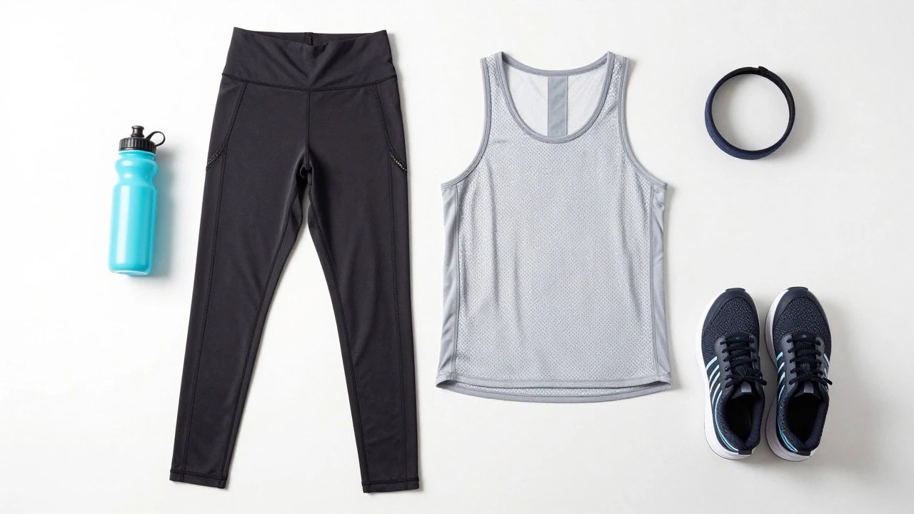 Flat lay of coordinated technical sportswear and training shoes