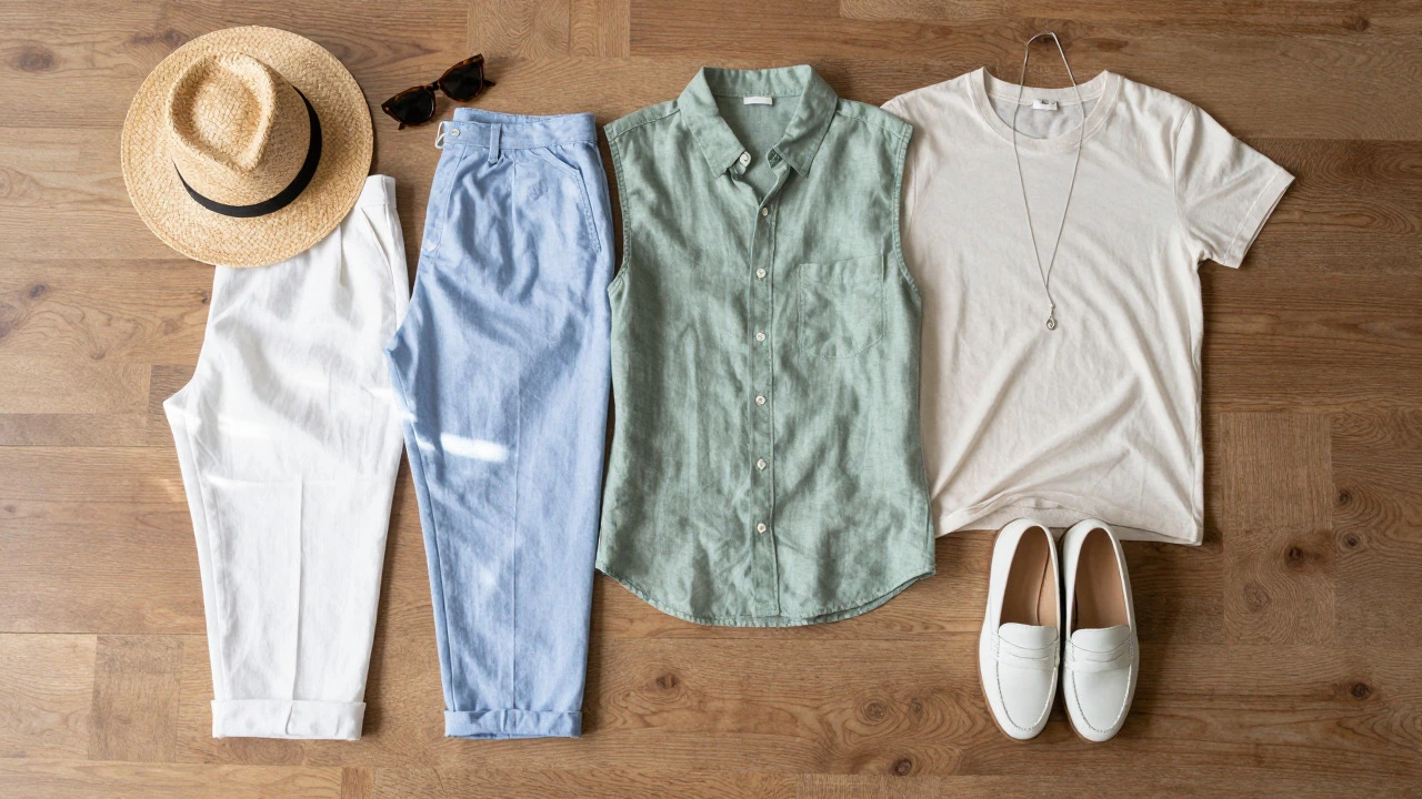 Flat lay of summer clothes including linen pants, shirts, and hat