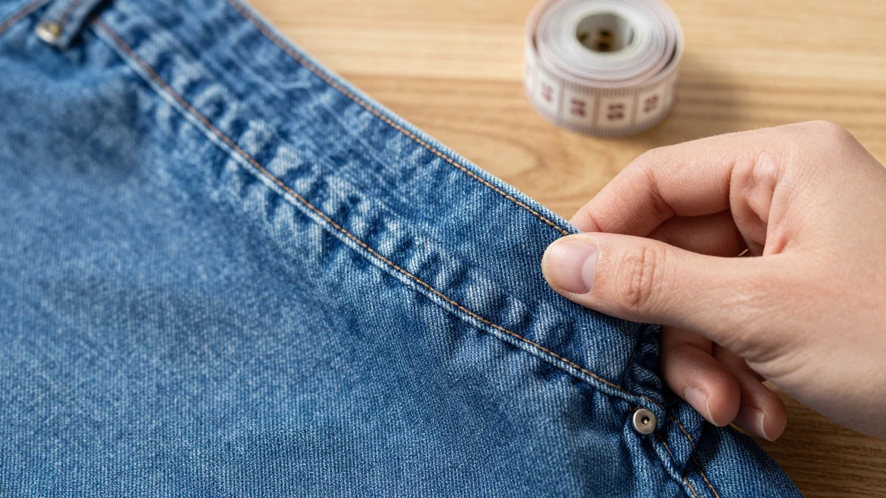 Hand stretching denim waistband to test elasticity