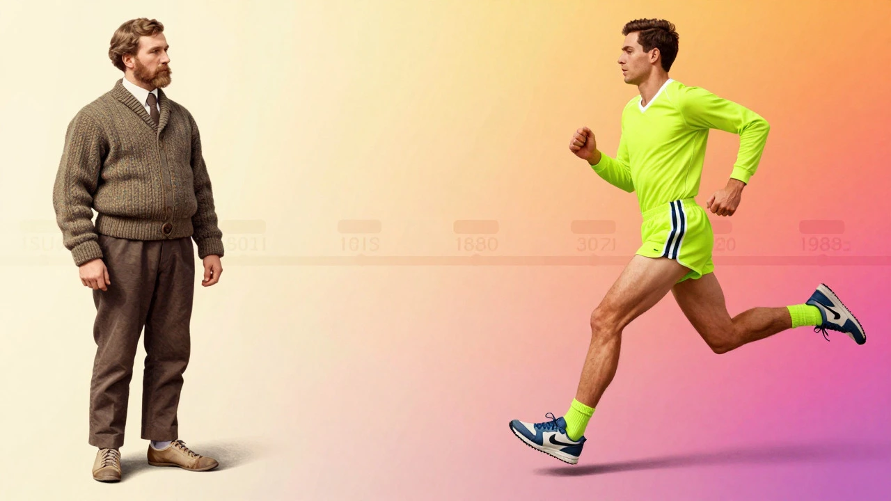 Illustration comparing vintage wool sports gear with modern neon athletic wear