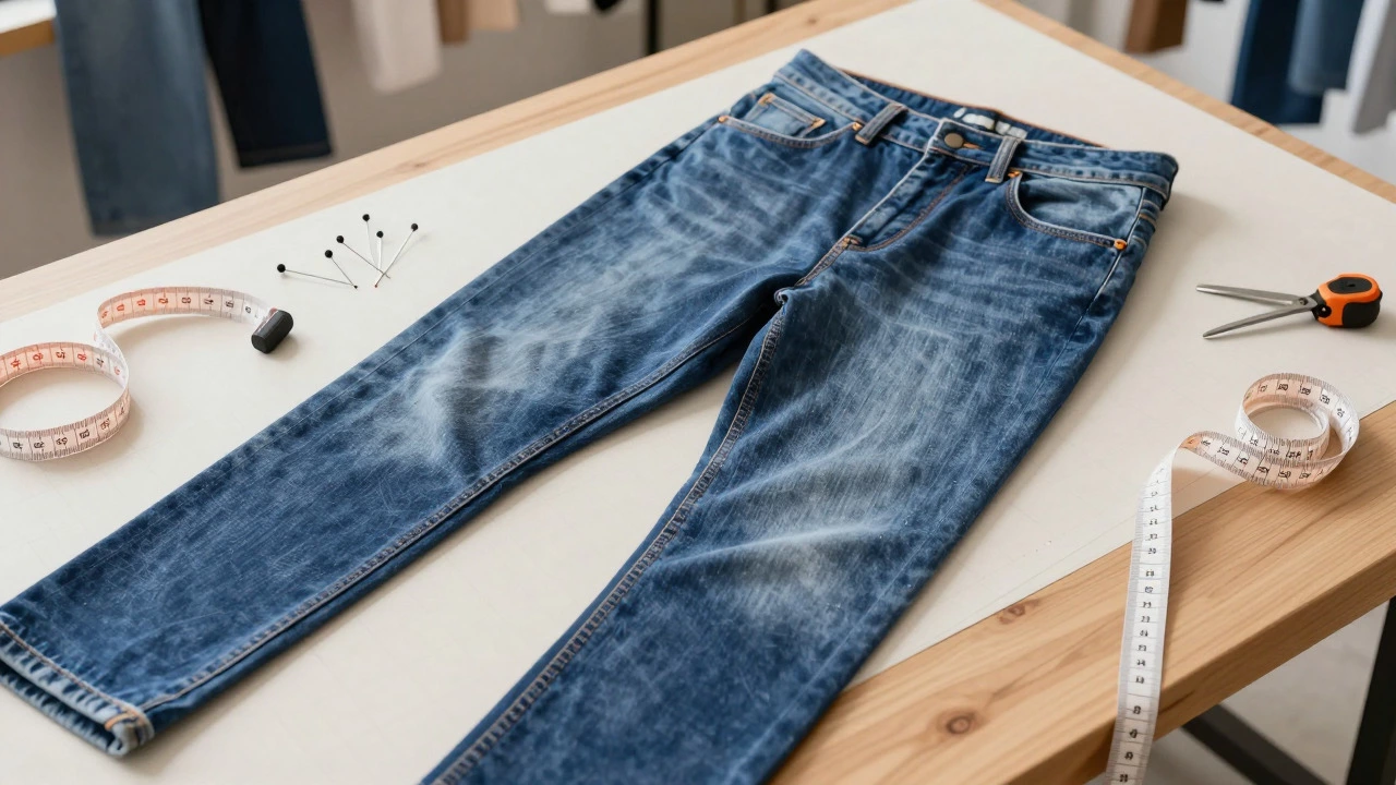 Jeans on a tailor's table with measuring tools