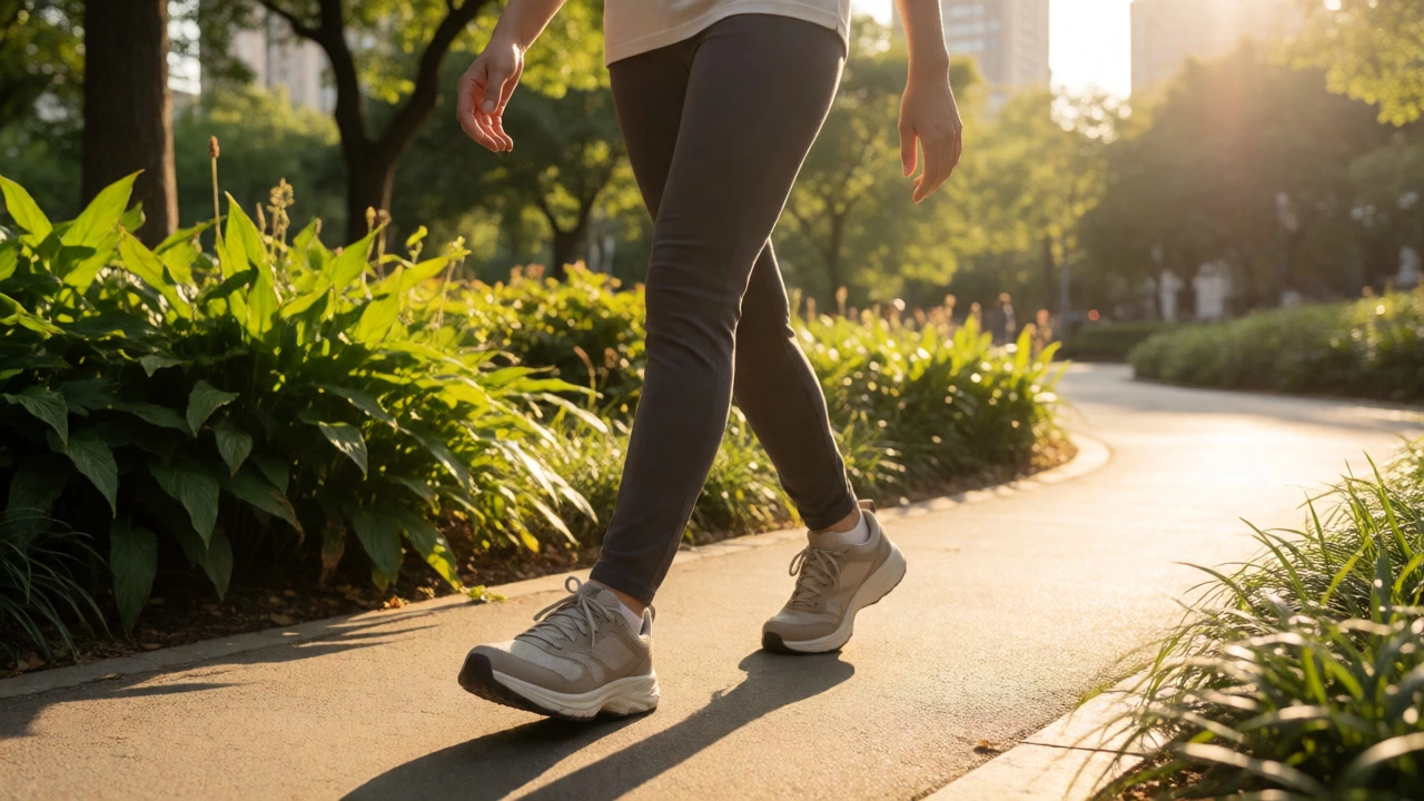 Person walking in a park wearing flexible walking shoes with a wide toe box.