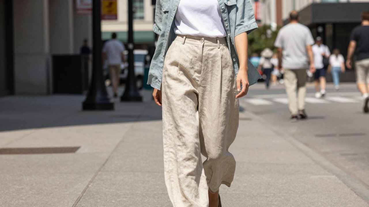 Person wearing loose linen trousers and shirt walking in a hot city