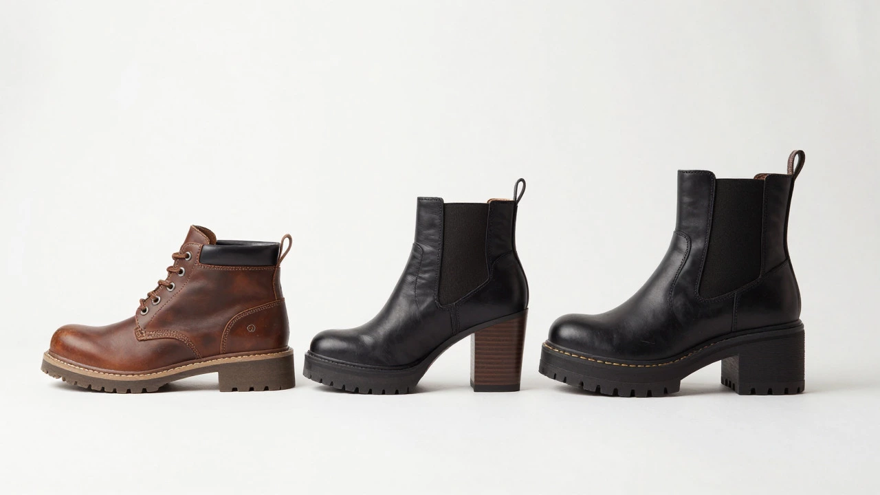 Side-by-side comparison of three boot styles with different heel heights on white background