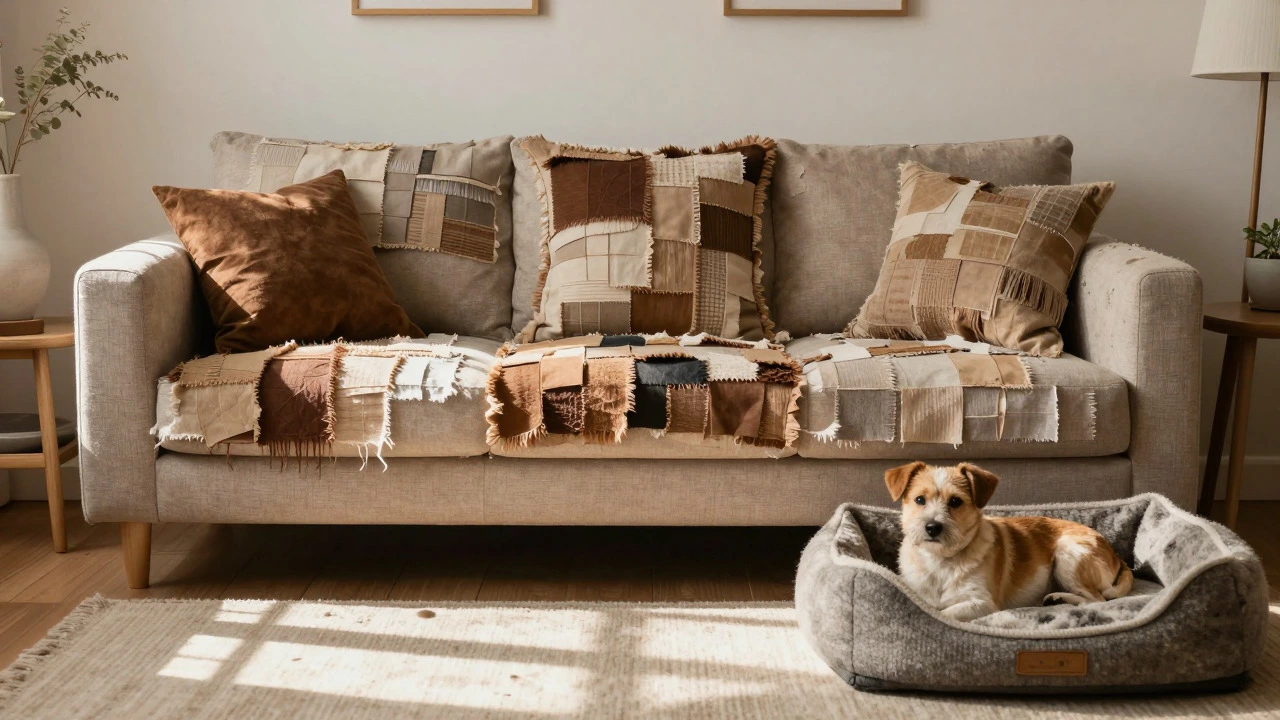 Sofa with custom suit-fabric cushions and a dog on a matching pet bed