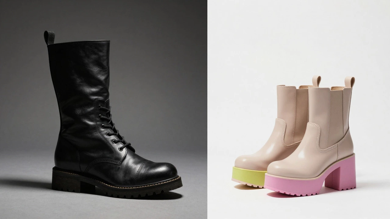 Split image showing a heavy black boot on the left and light colorful boots on the right