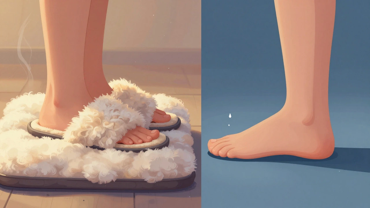 Split image showing cozy warmth vs lack of arch support