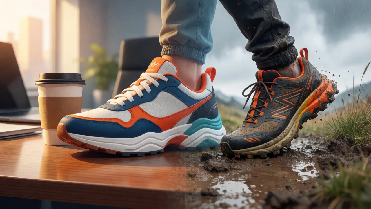 Split view comparing lifestyle sneakers indoors and trail runners outdoors