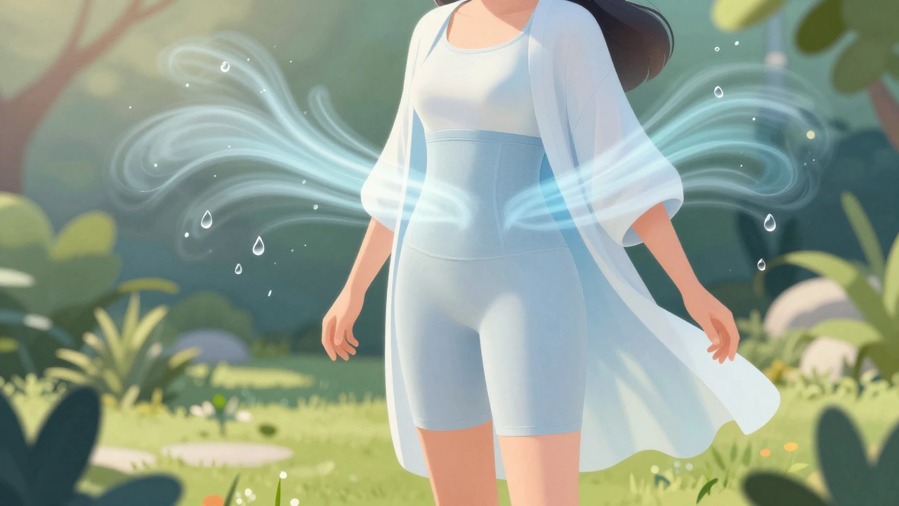 Stylized figure in a garden illustrating cooling and breathable shapewear