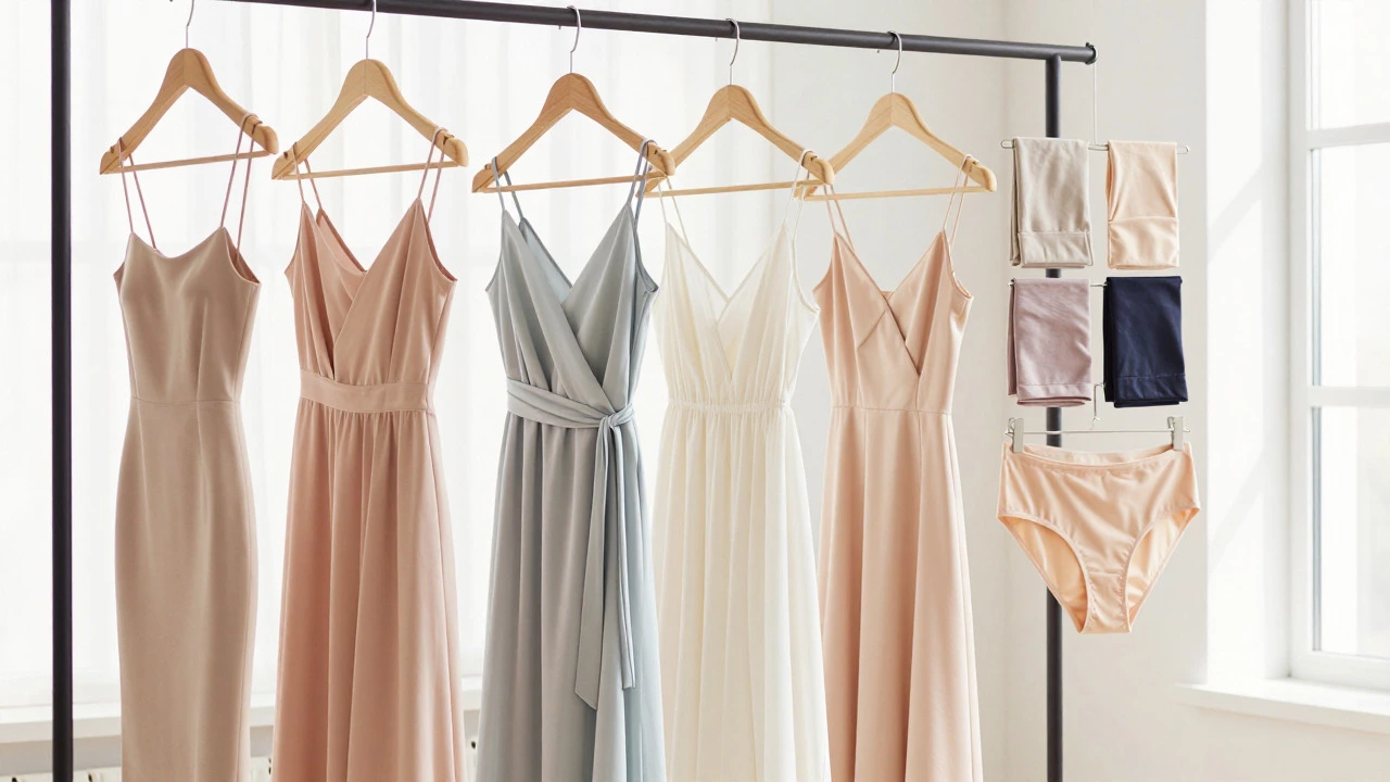 Summer dresses and folded shapewear pieces arranged in a sunlit room