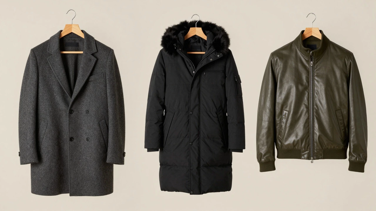 Three essential winter coats displayed on hangers