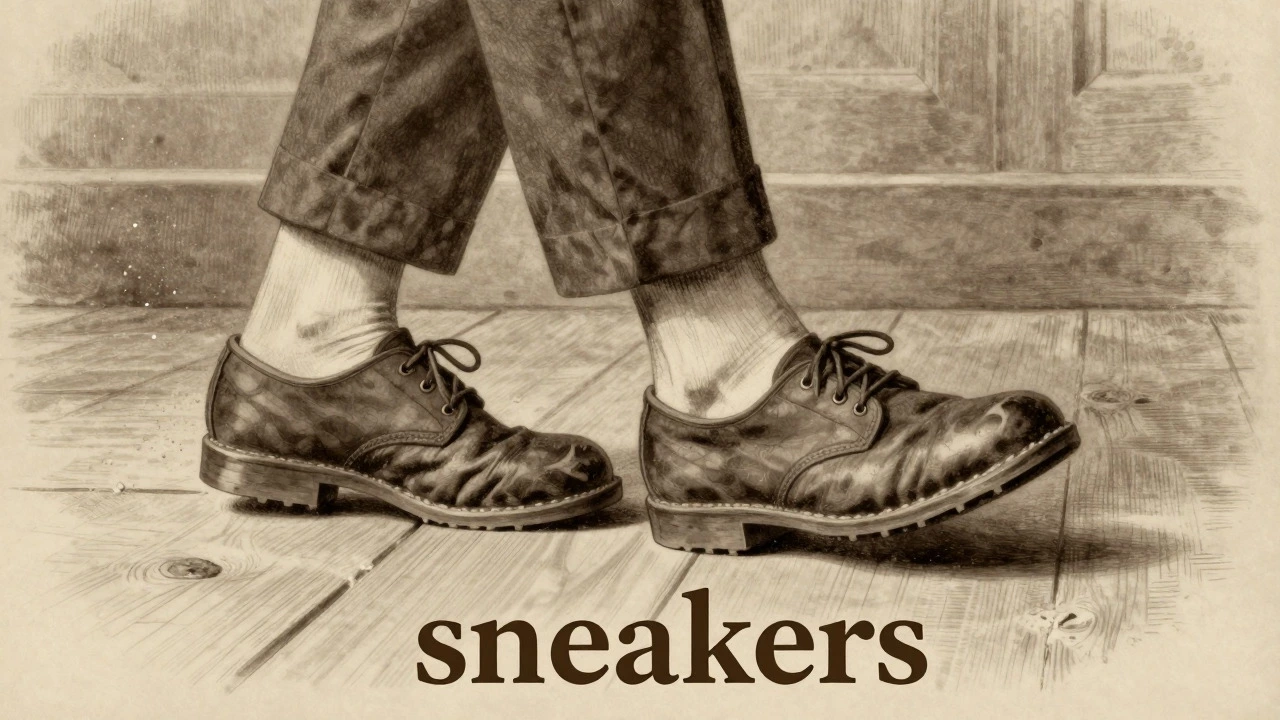 Vintage illustration of a person tiptoeing silently in early rubber-soled shoes