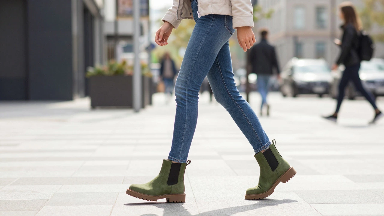 Woman in trendy olive green boots walking down a busy city street in daylight