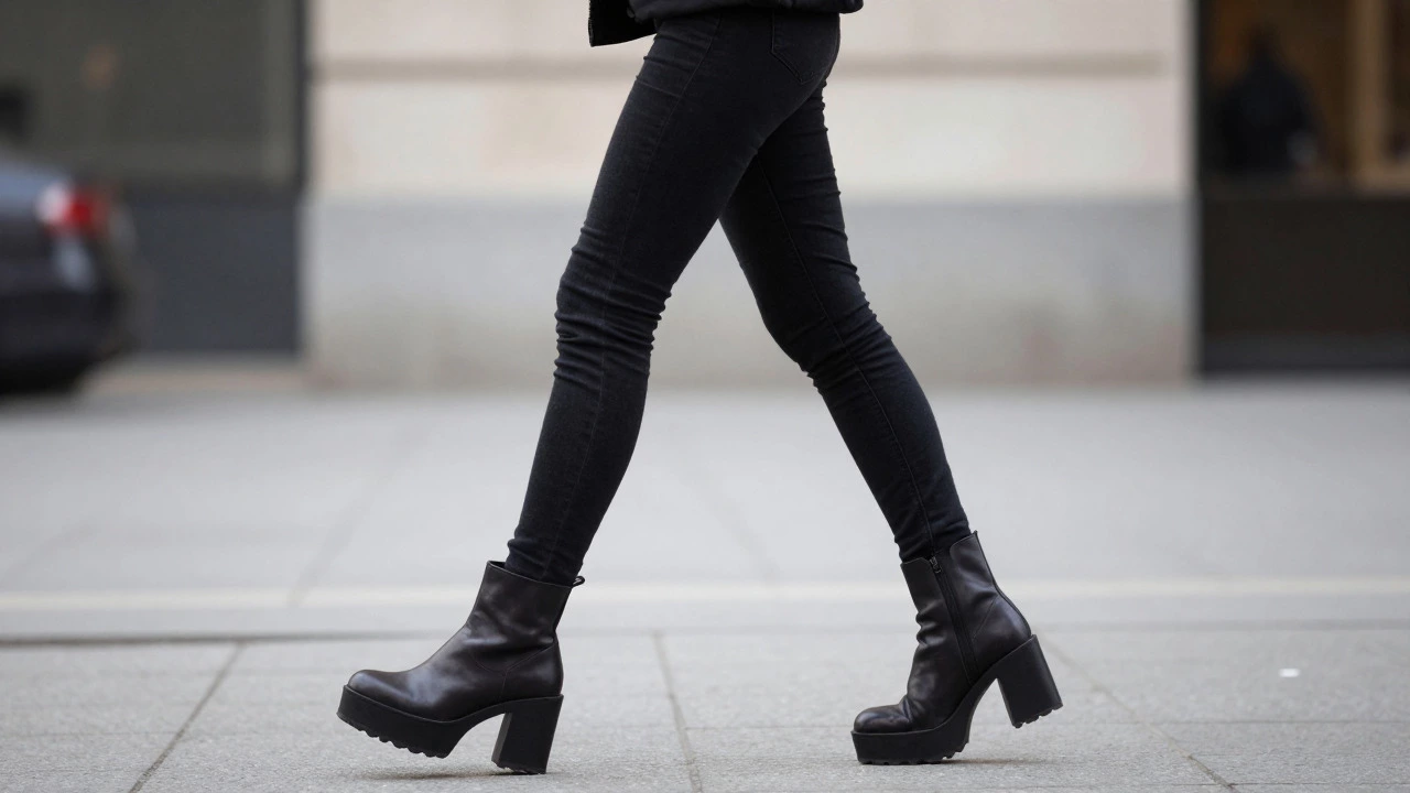Woman walking in city wearing black platform boots and skinny jeans