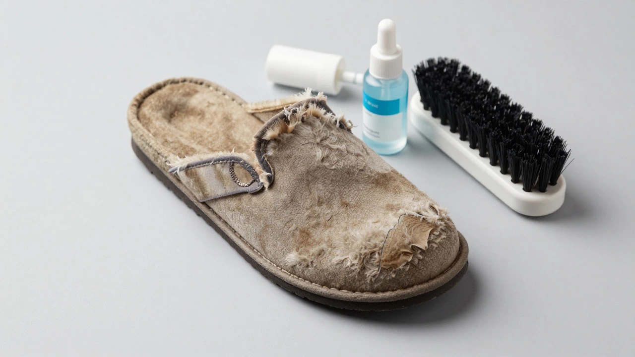 Worn-out slipper with frayed sole next to cleaning supplies