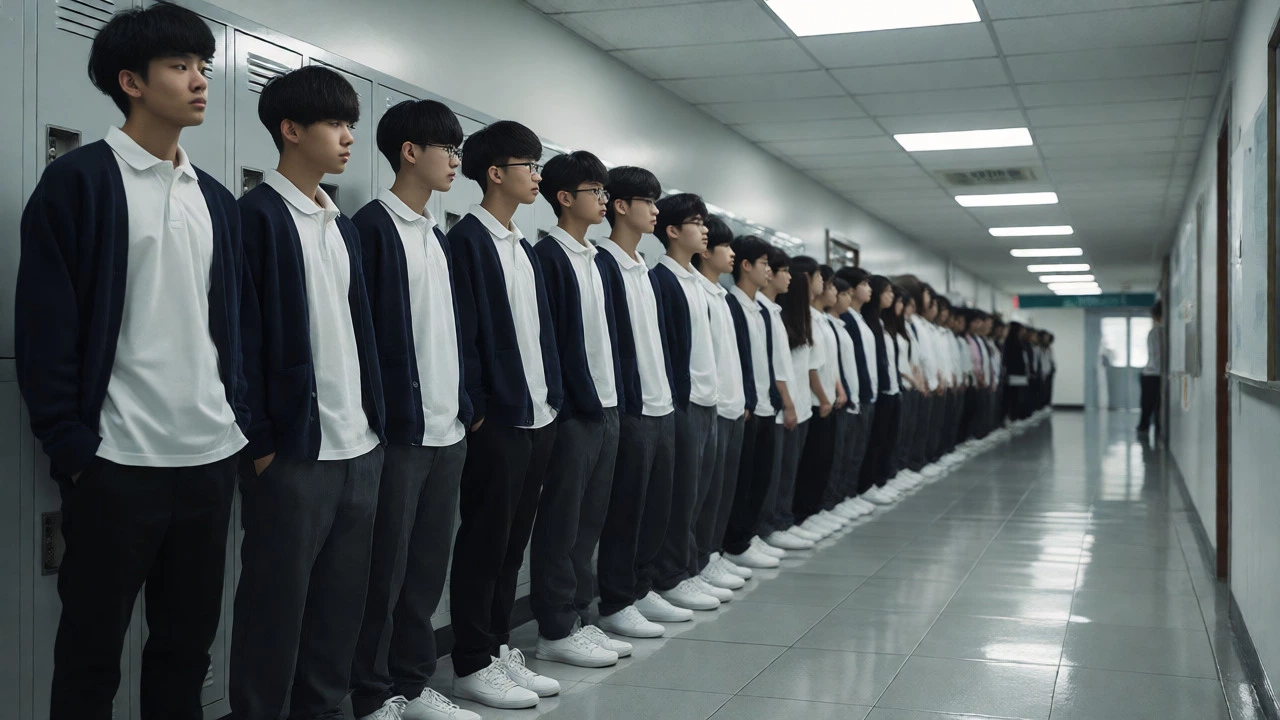 A crowd of modern students in identical navy, gray, and white uniforms standing in a line.