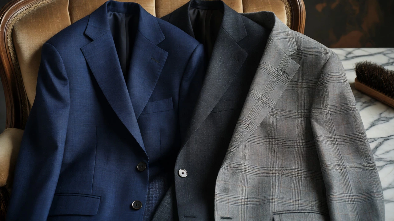 Close-up of navy, charcoal, and herringbone suit jackets with grooming tools