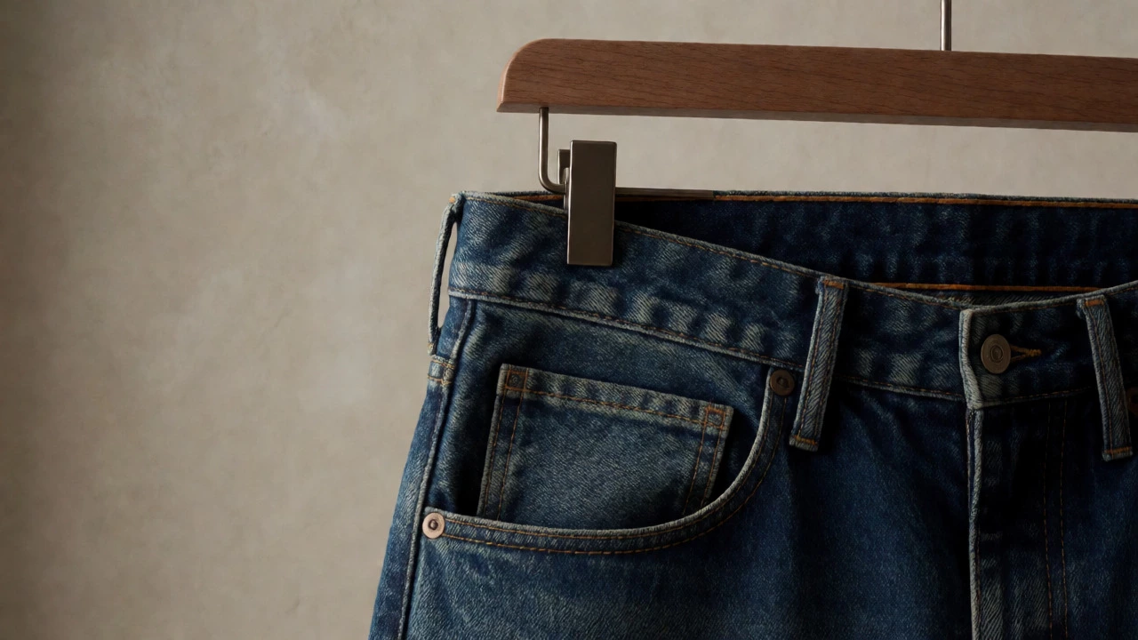 Close-up of premium dark indigo denim jeans on a hanger showing texture and stitching details.