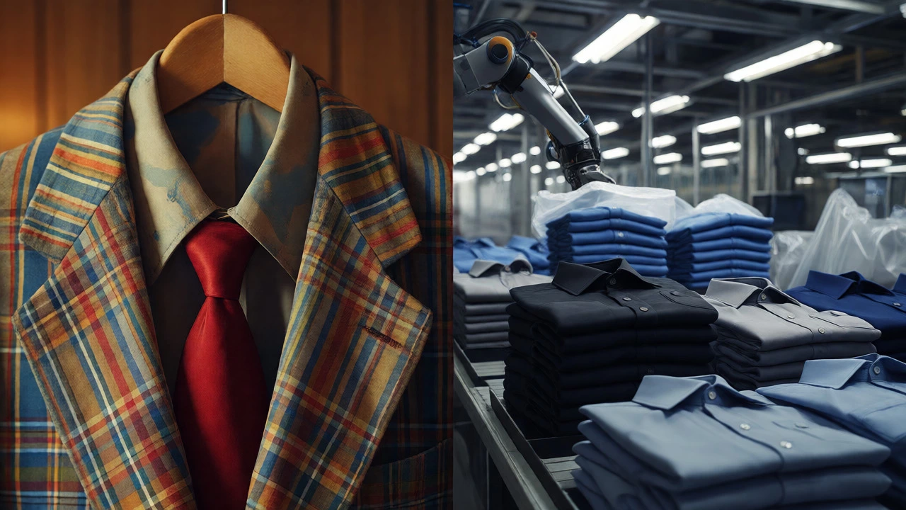 Contrast between worn colorful vintage uniforms and stacks of new gray mass-produced shirts.