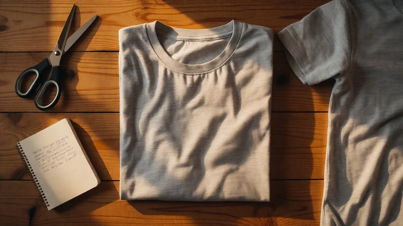 Folded t-shirt on a wooden table next to a notebook and scissors