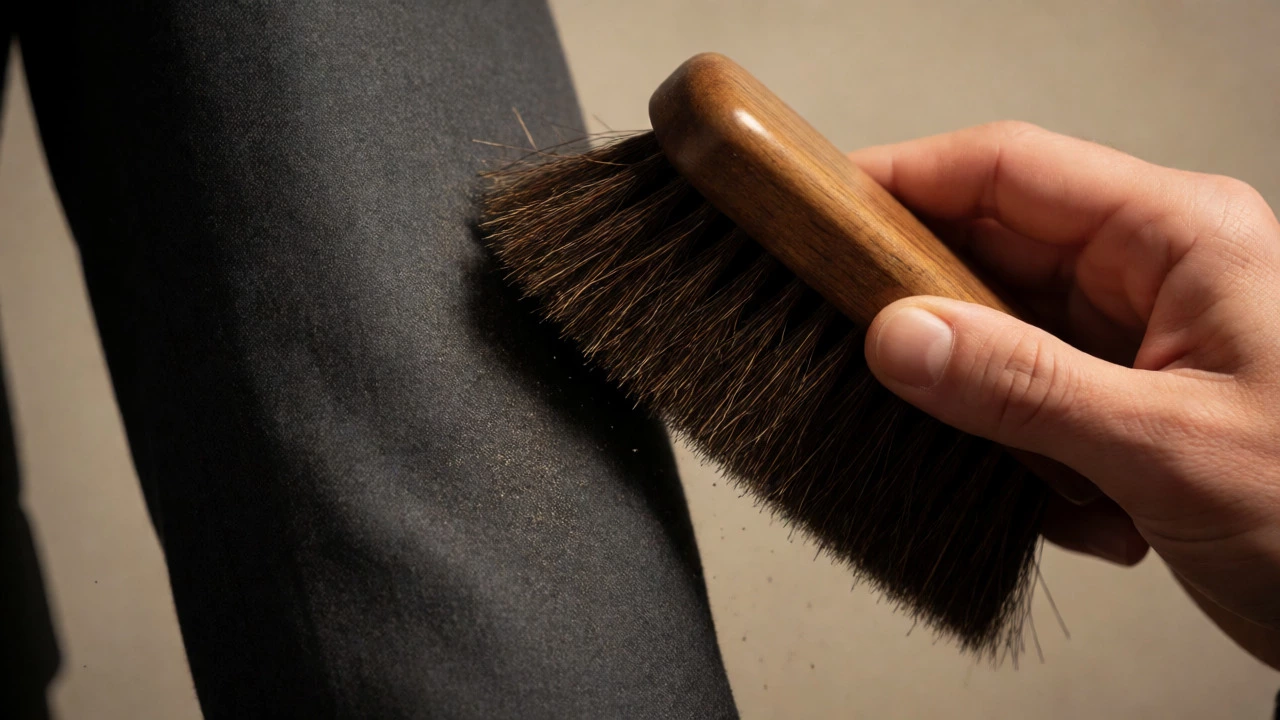 Hand brushing a grey suit sleeve with a horsehair brush
