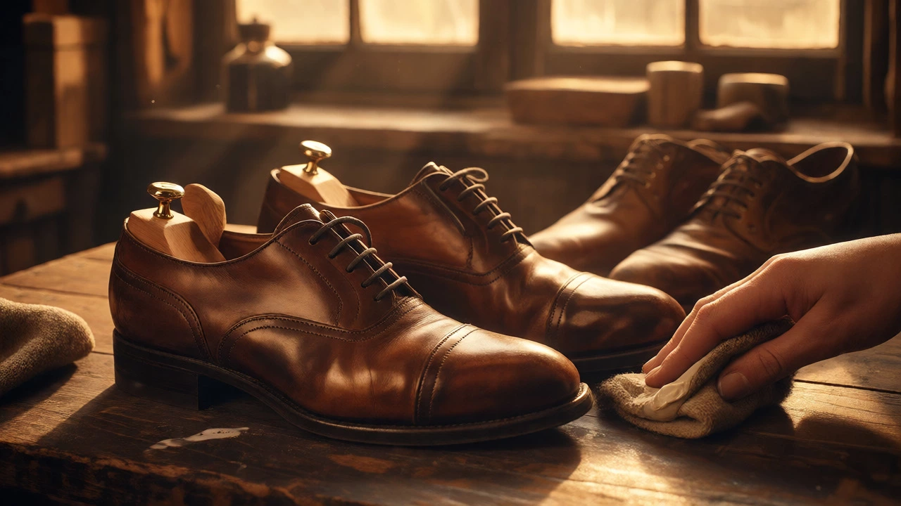 Hand polishing vintage leather oxfords with cedar shoe trees in workshop
