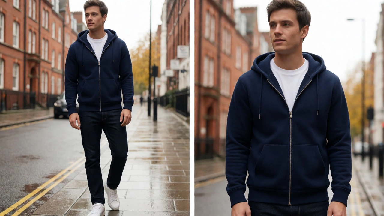 Man wearing a navy zip-up hoodie and jeans walking on a London street in autumn.