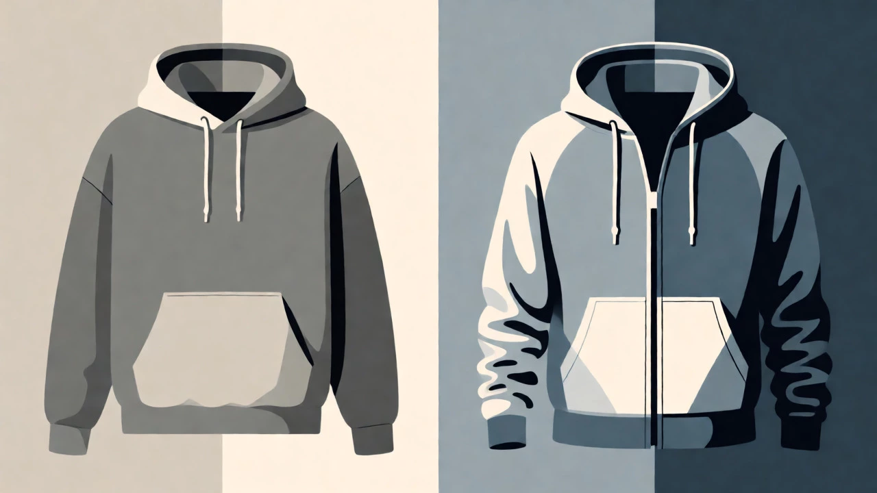 Minimalist illustration comparing a pullover hoodie with a versatile zip-up hoodie.