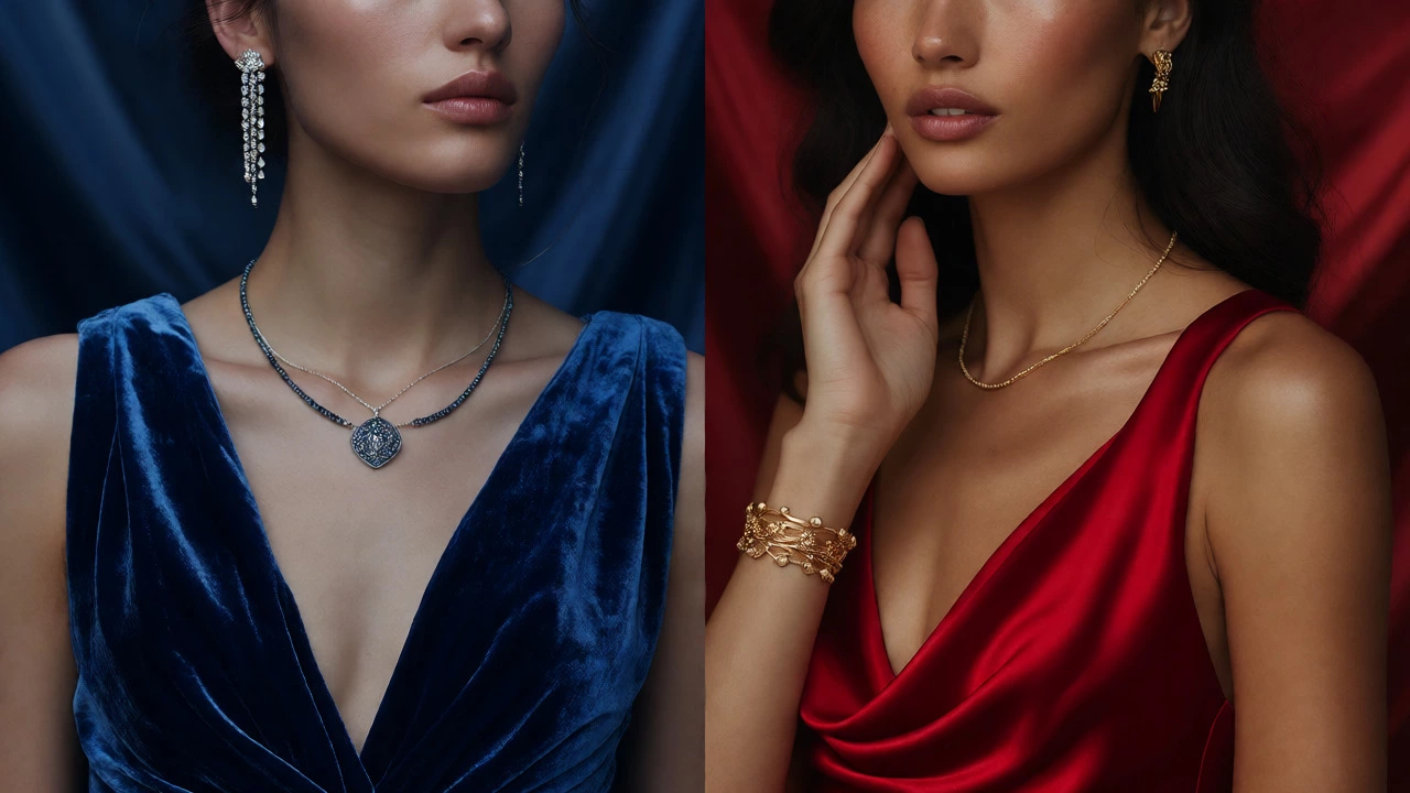 Models in sapphire and ruby gowns showing skin tone matching