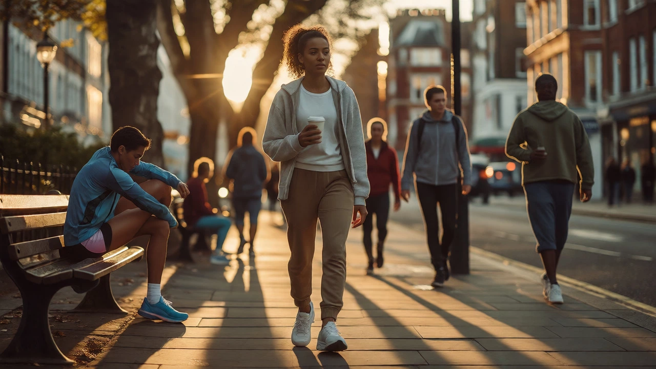 People wearing stylish athleisure clothing such as joggers and hoodies walking through a city street at sunset.