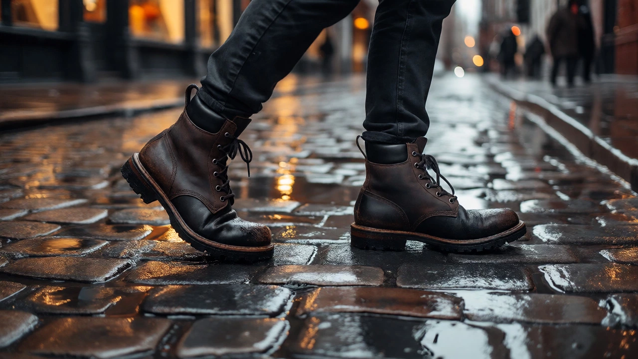 Person walking on wet cobblestones wearing durable leather boots in rain