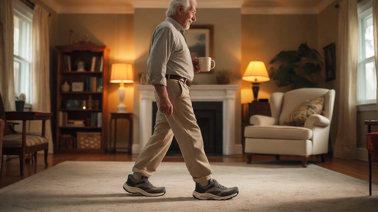 Senior man walking safely in supportive house shoes